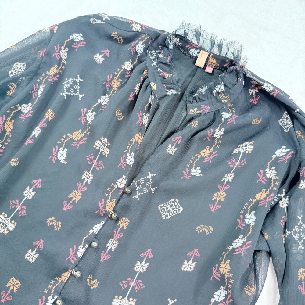 Pilcro Anthropologie Sheer Print Button Down‎ Blouse Black Pink Size M OB1574293